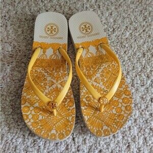 Tory Burch yellow tassels patterns Flip Flops size 7